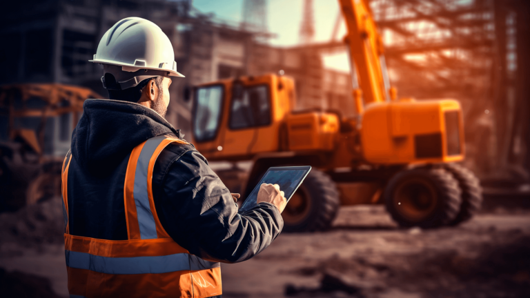 construction worker using a tablet in front of heavy construction machinery